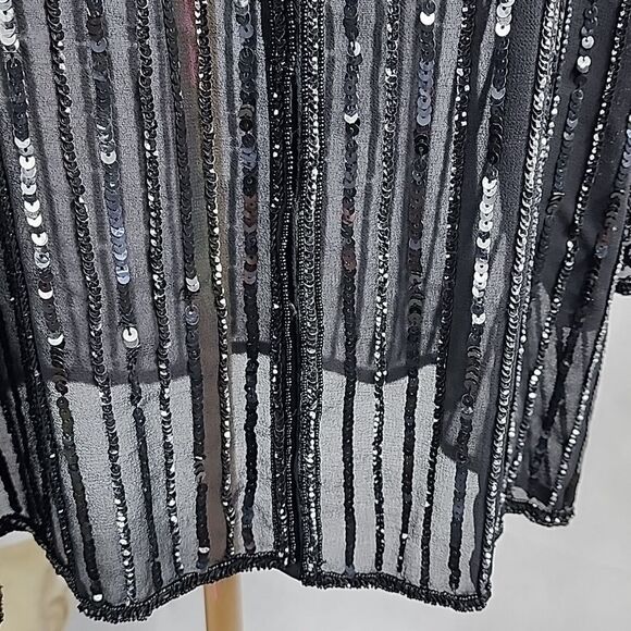 Long Black Beaded & Sequined Sheer Sparkly Holiday Snap Button Jacket Size1X - Picture 13 of 16